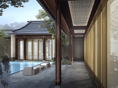 新中式四合院 北京坡屋顶四合院会所 带水景花园