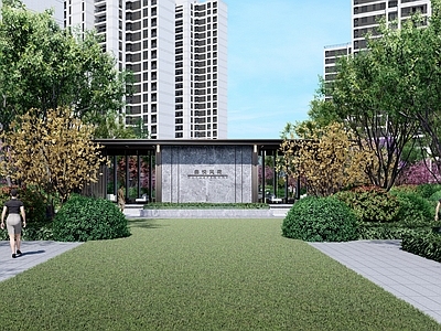 现代小区景观 主入口叠水景墙 住宅