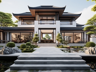 豪华新中式别墅建筑花园外景