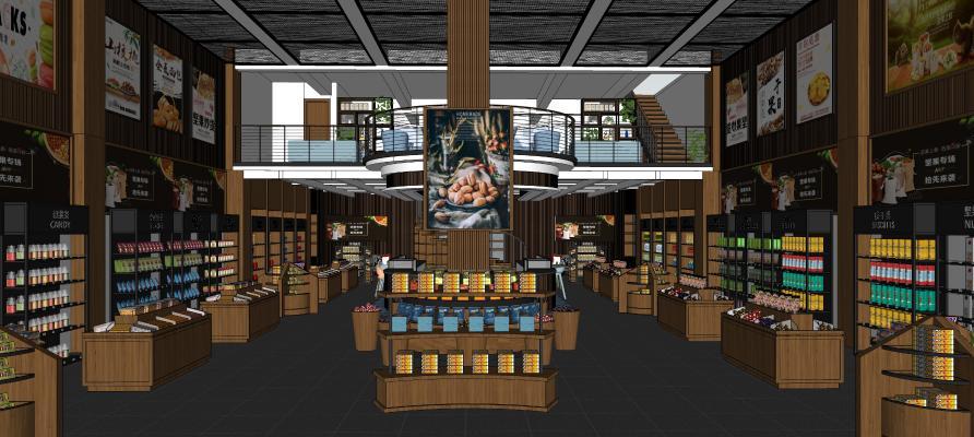工业零售店 零食 货架摆架零食架展示架 散座 半圆形不规则吧台 旋转楼梯