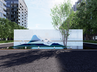 现代住宅景墙 水景 直线 入口景墙