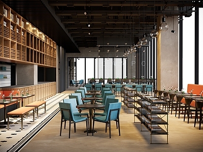 现代西餐厅 餐桌椅 卡座沙发 射灯摆件 餐具 吊灯