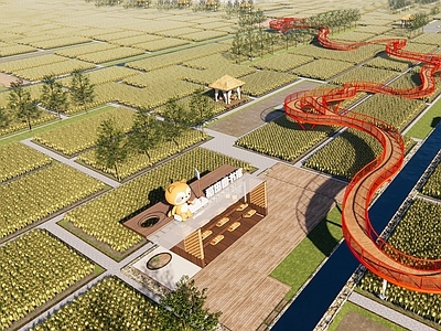 现代美丽乡村稻田公园景观 水稻景观 田园农场 乡村稻田图书馆