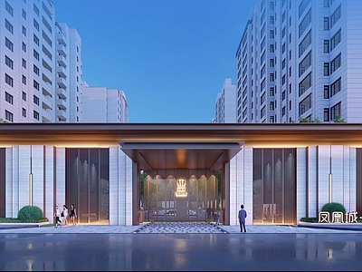 现代轻奢小区入口大门 中轴水景景观