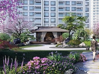 新中式小区景观 廊架 枯山水 休憩平台 住宅景观