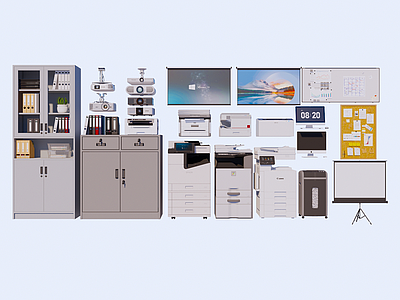 现代文件柜 办公用品组合 办公设备 打印机 投影仪 投影幕布 电脑 资料柜