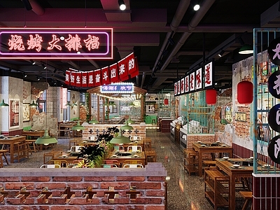 工业风烧烤店 怀旧火锅店 椅 墙饰 霓虹灯