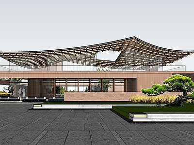 新中式展览馆建筑 坡顶夯土建筑