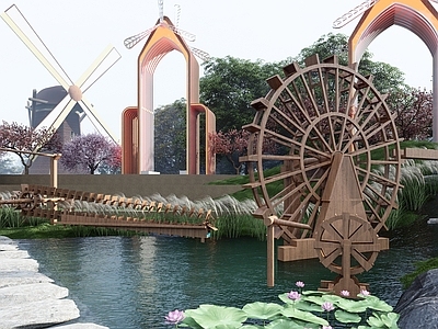 现代水车 排水车 乡村小品 农具 风车