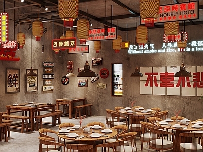 工业风烧烤店 火锅店 餐桌椅 墙饰 霓虹灯