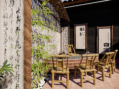 新中式围炉煮茶外摆  灯笼字画 帷帐