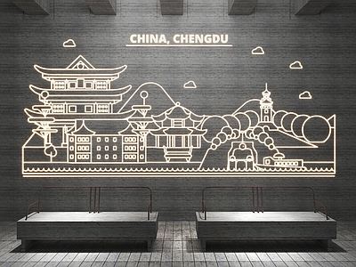 现代霓虹灯字 英文发光字 成都城市地标建模