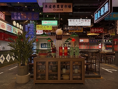 工业风烧烤店 火锅店 椅 墙饰 霓虹灯