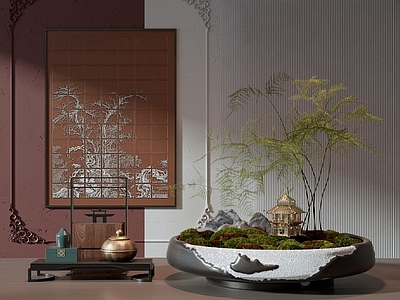 新中式盆景 挂画 桌案 摆台 文竹 桌摆