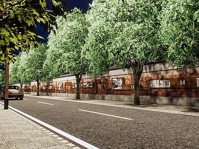 现代市政道路景观 特色文化墙 行道树
