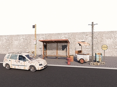 现代废土风公交站台 车站 破车 小推车