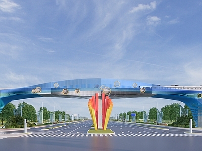 现代国道入口道路景观 高铁 公交车站台 道路绿化