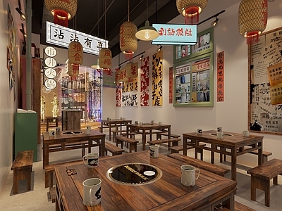 工业复古风火锅店 餐桌椅组合 卡座 霓虹灯牌 墙饰