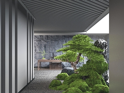 现代假山水景 小品 植物 假山石头 室内 苔藓 树