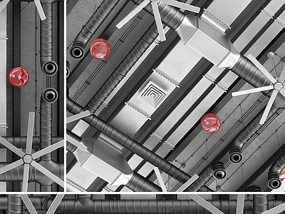 工业风吊顶 管道设备组合 通风井暖通设备 管道零件 烟报警器
