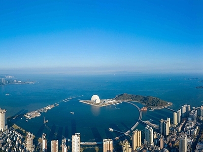 HDR城市中心区滨海区蓝天海湾日景鸟瞰全景