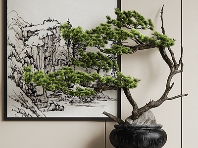 新中式盆景 松柏 植物盆景 摆件 摆设 陈设立柱