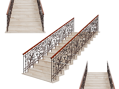 欧式扶手楼梯 室内 木材 石材 金属