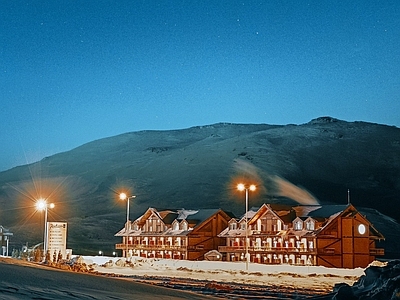 星空雪地街道建筑夜景