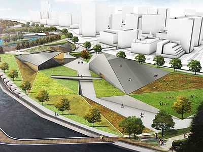 现代展览馆建筑 滨水公园