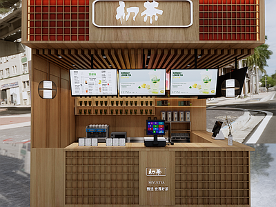 新中式原木风奶茶店 吧台 门头 店招
