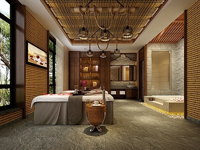 东南亚美容SPA包间 双人SPA间 浴池SPA SPA床 麻绳 洗护产品展柜 洗手台