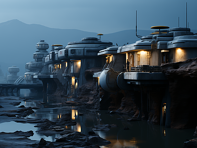 夜晚赛博朋克建筑街道外景