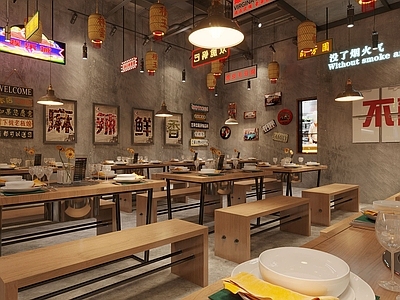 工业怀旧风火锅店 餐桌椅组合 吊灯 墙饰