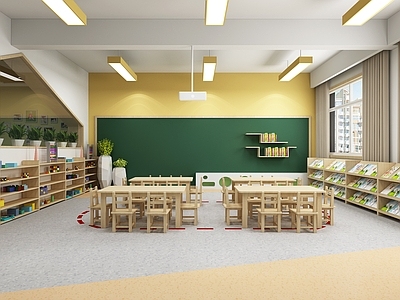 现代幼儿园 班级 教室 学校 培训 儿童桌椅 早教 托育 玩具柜 电视墙 幼儿园教室