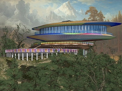 现代山顶观光展览馆建筑 艺术馆 飞碟造型