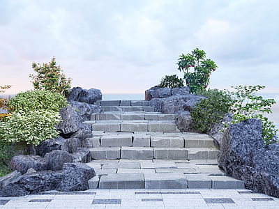 新中式台阶景观 自然石板台阶铺地 台阶 路