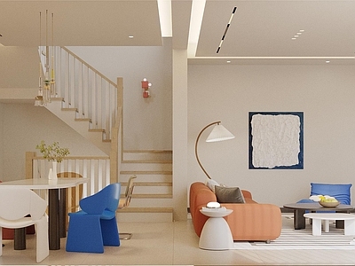 现代奶油风loft客餐厅 一字型公寓