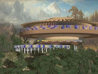 现代木格栅圆形山顶观光展览馆建筑 艺术馆