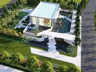 现代售楼处建筑 景观节点 艺术登高面 中心景观会客厅   方形