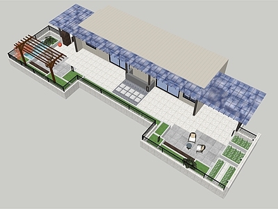 现代屋顶花园 廊架 花池 工具房 卡座