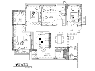 120m²家装住宅平面布局  三室一厅 平层