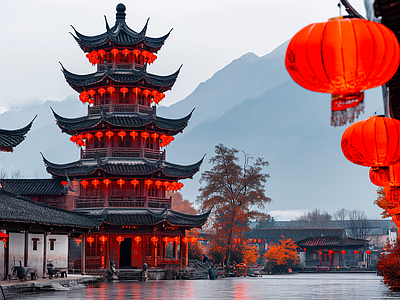 新年春节古镇街景