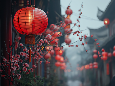 古镇老街春节新年灯笼高挂街道外景