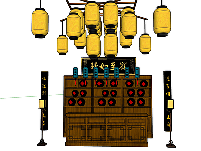 中式客栈前台 柜台 古代落地灯 酒柜 吊灯 牌匾