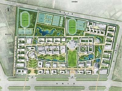 现代风格大学整体校园规划 带操场
