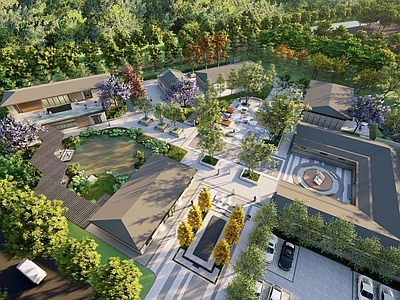 新中式文化文教建筑 古朴庭院 小广场