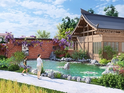 新中式乡村公园 美丽乡村 美丽屋场 红砖景墙 长廊 广场 池塘 景观石