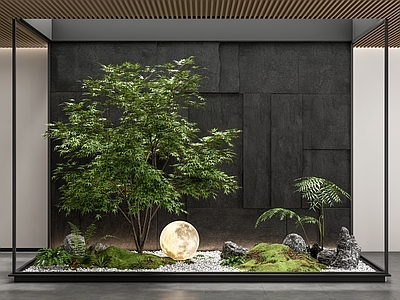 现代景观造景 小品 毛石墙 植物组合 石头 红枫 植物堆 树