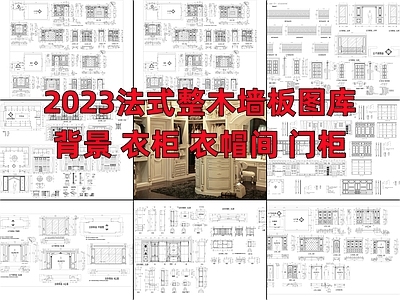 法式整木墙板背景衣柜衣帽间门柜详图 施工图 平层