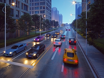 现代路面 夜景城市道路 道路设施 夜景车 车 新能源车 路灯 行道树 城市夜景